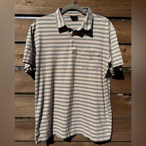 Patagonia Men's Short Sleeve Gray and Orange Striped Collared Polo Shirt